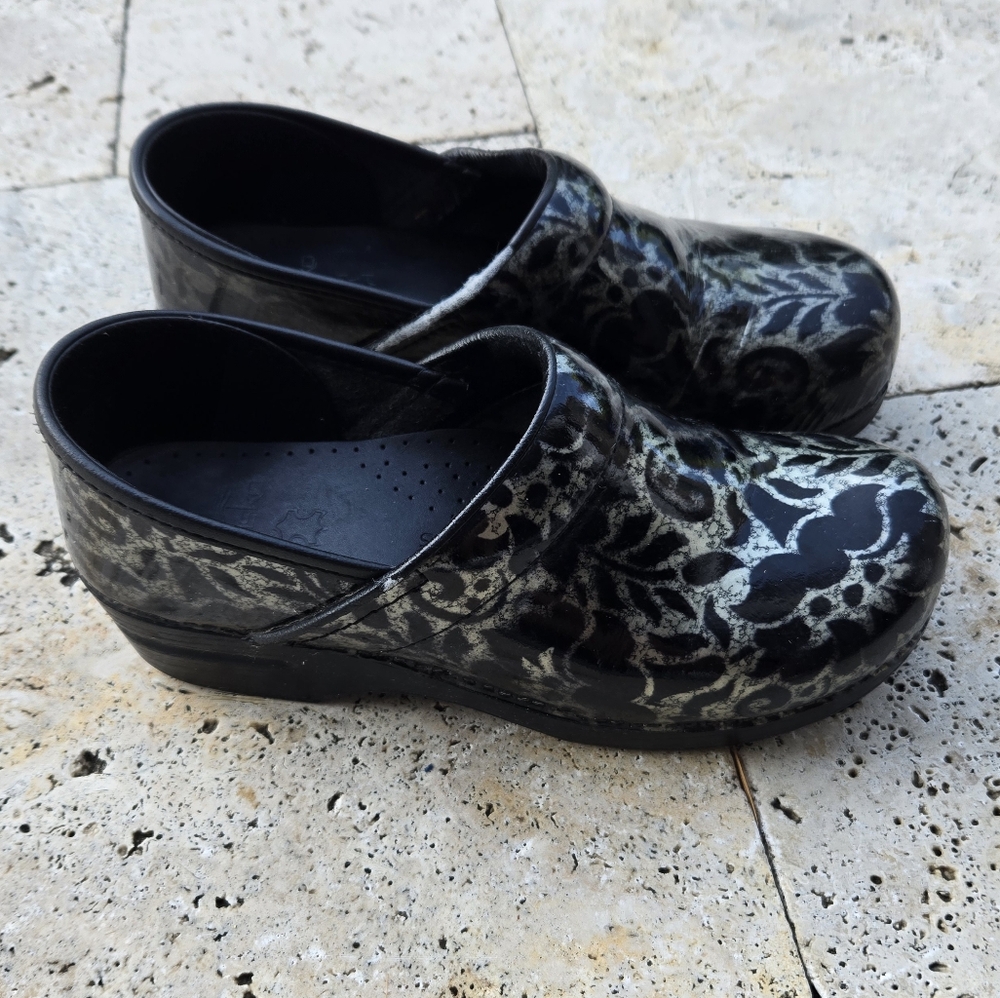 Dansko Professional Patent Silver & Black Floral Clogs-Size 40